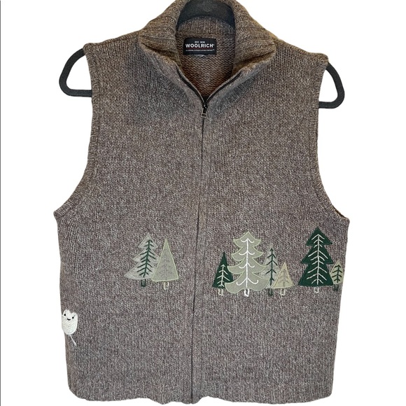Woolrich Jackets & Blazers - Woolrich Beige Heather Wool Sweater Vest Full Zip Holiday Grazing Sheep Trees L